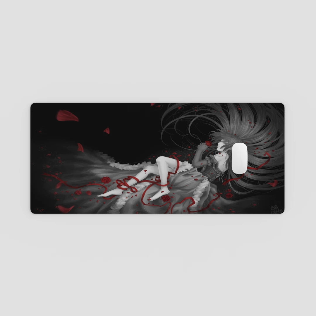 Phone case with a dark design featuring a character in a flowing dress on a light gray background