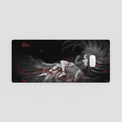 Phone case with a dark design featuring a character in a flowing dress on a light gray background