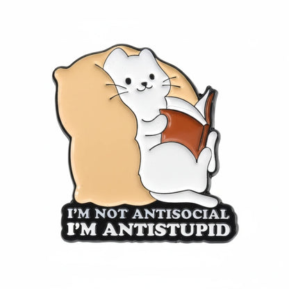 Cartoon cat reading a book with a humorous text below on a white background