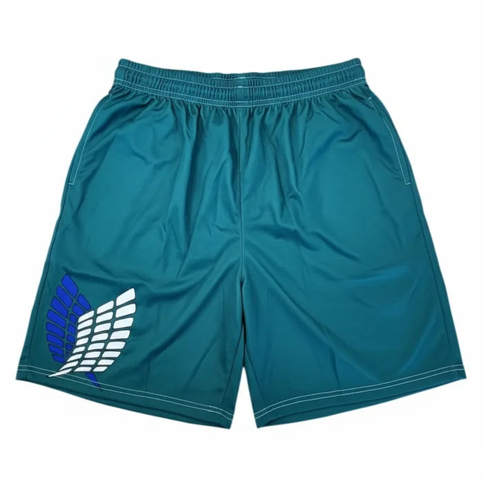 Teal shorts with a logo on a white background