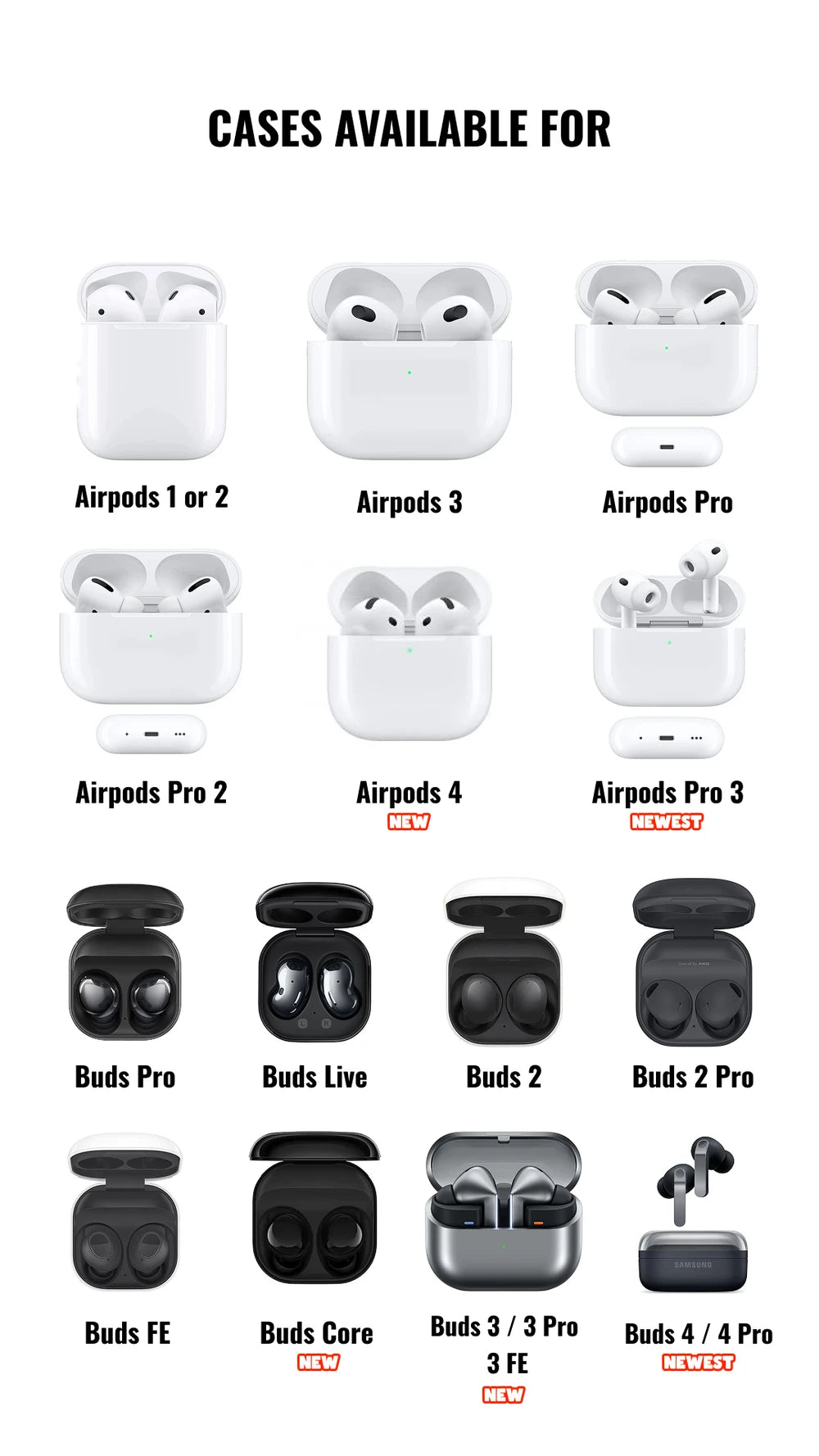Poster with all cases available for all Apple Airpods Models and all Samsung Galaxy Buds Cases from Inkbee Store Lebanon