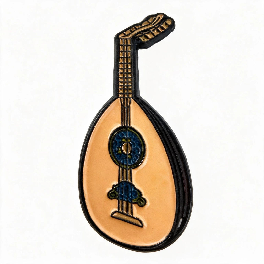 A small decorative oud-shaped enamel phone sticker with a brown-colored body, black outline, gold neck details, and blue circular accents on the sound hole and lower body, shown on a plain white background.