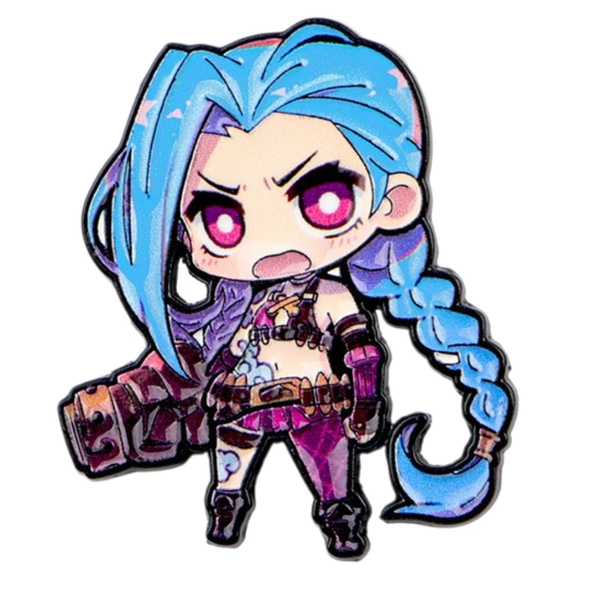 A chibi-style illustrated character pin or patch with bright blue hair, pink eyes, and a purple outfit, shown on a plain white background.