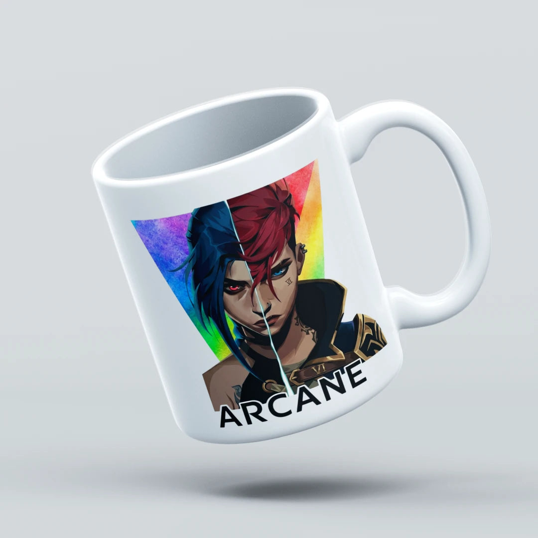 White mug with 'Arcane' character design on a light gray background