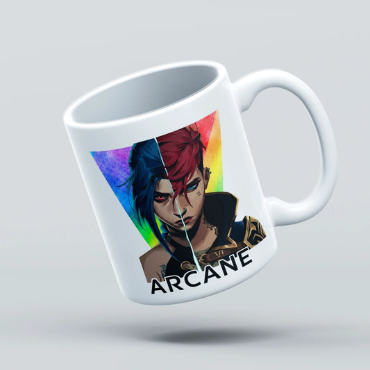 White mug with 'Arcane' character design on a light gray background