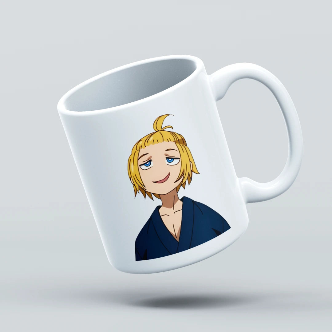 White mug with a cartoon character on a light gray background