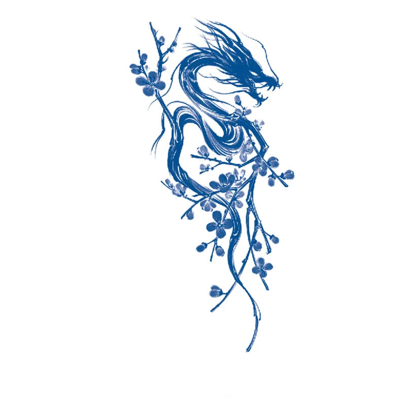 Blue dragon design with floral elements on a white background