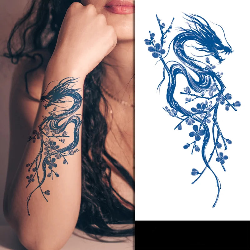 Blue dragon tattoo design on a person's arm with a close-up of the tattoo