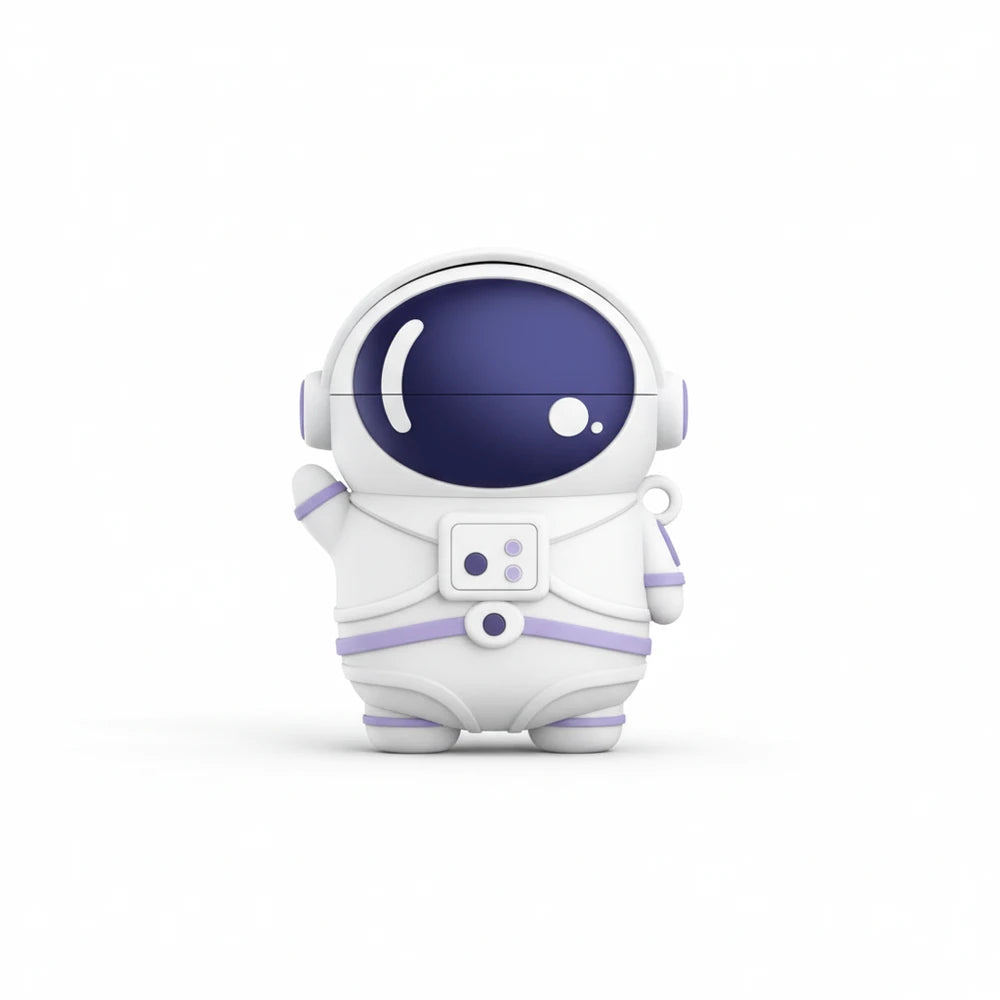 Cute astronaut figurine with a white suit and purple helmet on a white background