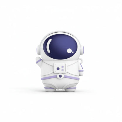 Cute astronaut figurine with a white suit and purple helmet on a white background