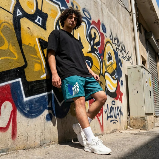Person wearing a black t-shirt and teal shorts standing in front of a graffiti-covered wall.