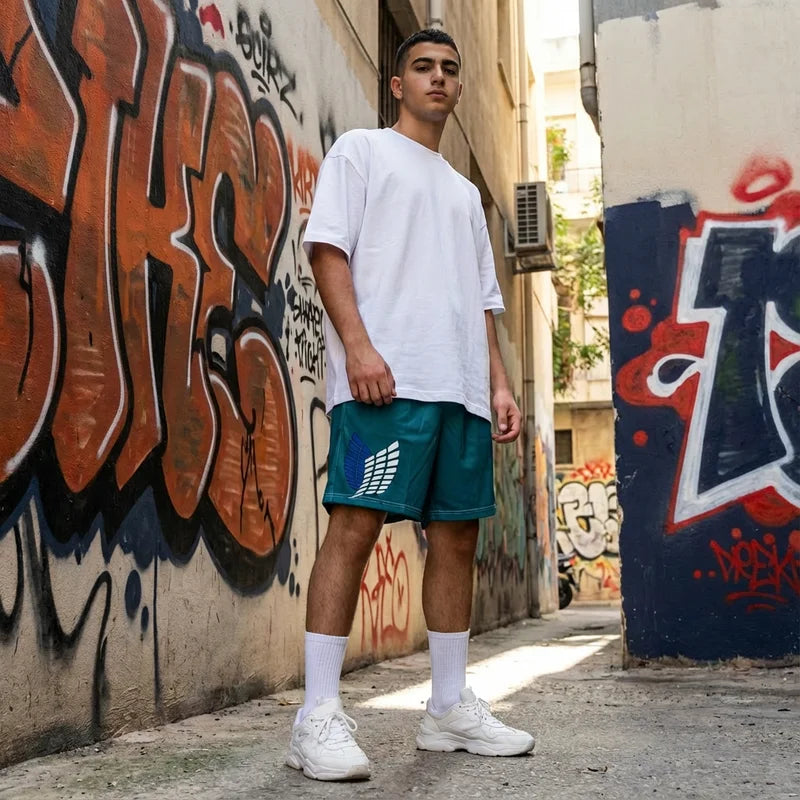 Person wearing a white t-shirt and green shorts standing in an alley with graffiti.