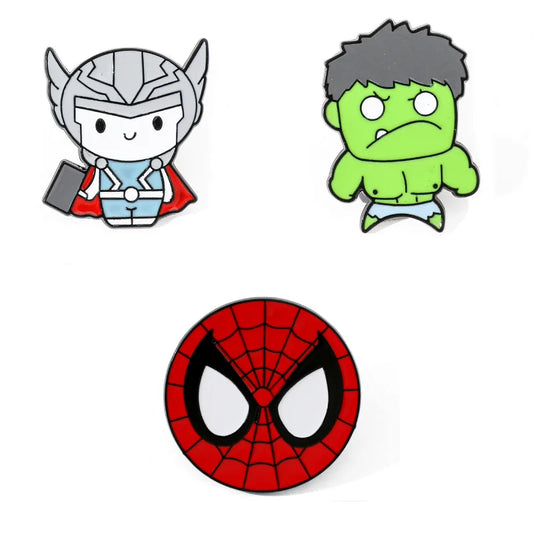 kawaii cute adorable avengers themed enamel pins for fabric featuring thor hulk and spiderman