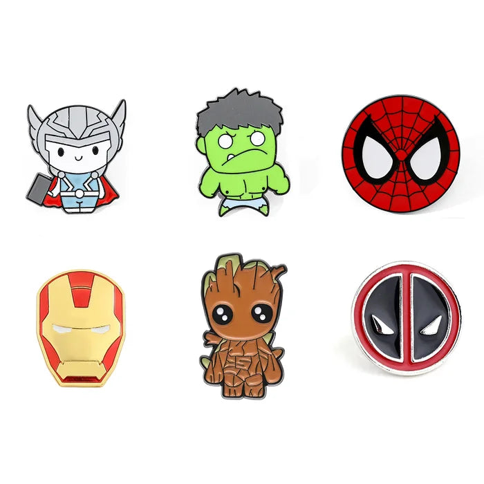 Set of Marvel character pins on a white background
