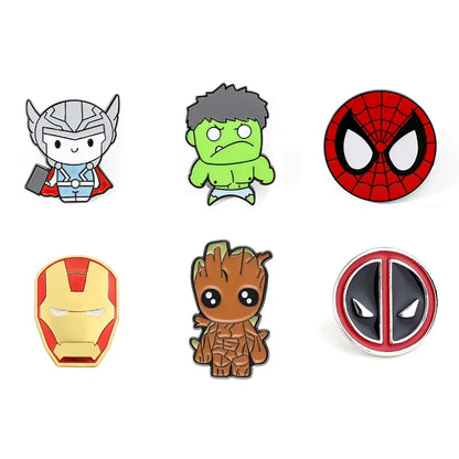 Set of Marvel character pins on a white background