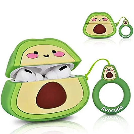 Avocado-shaped airpod case with a small avocado charm on a white background