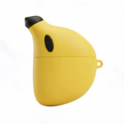 Yellow banana-shaped airpods 4 case with black ends on a white background