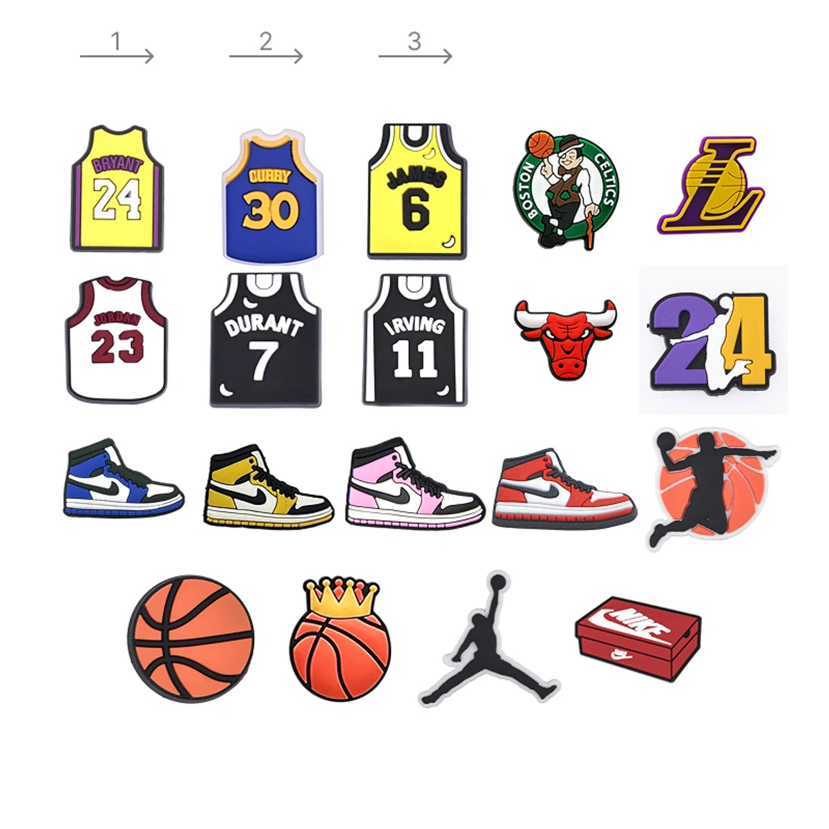 Collection of sports-themed pins and badges including jerseys, shoes, and basketballs on a white background.