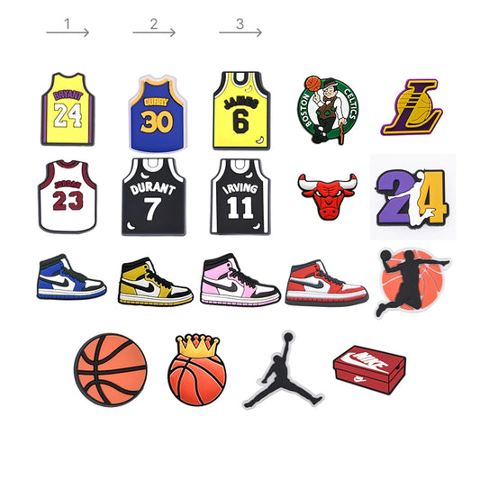 Collection of sports-themed pins and badges including jerseys, shoes, and basketballs on a white background.