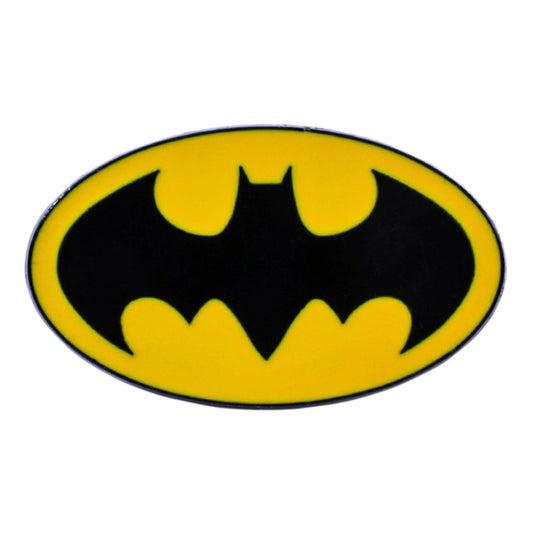 A classic Batman logo emblem, featuring a bold black bat silhouette centered within a bright yellow oval, set against a plain white background.