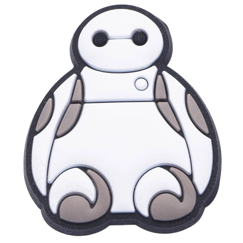 White and gray robot-like character on a white background