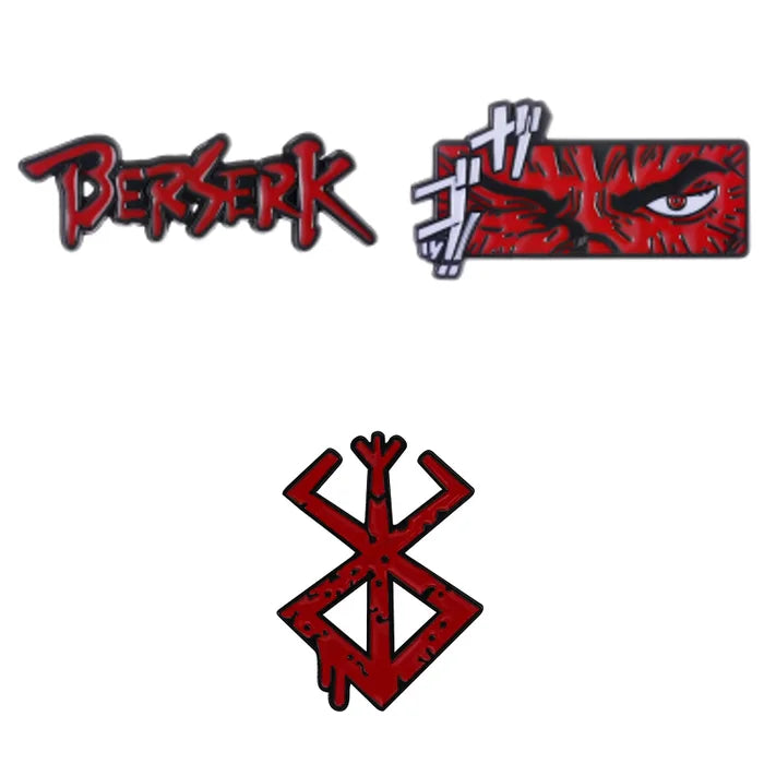 Three red and black logos on a white background