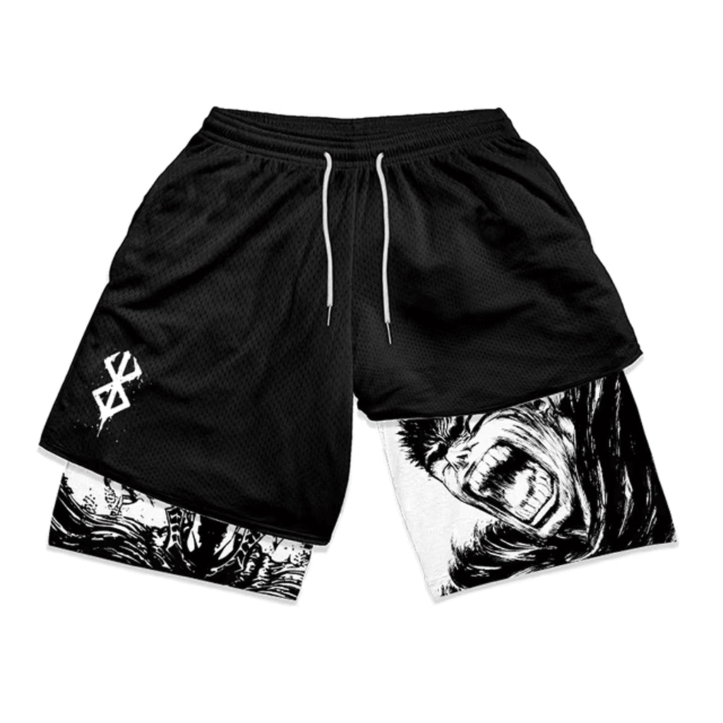 Black shorts with white graphic design on a white background