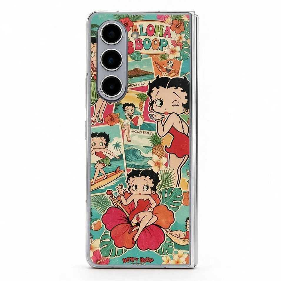 A protective phone case featuring a retro-style cartoon illustration of Betty Boop in Hawaiian-themed settings, including a beach scene and a large red hibiscus flower, with 'ALOHA BOOP' text at the top.