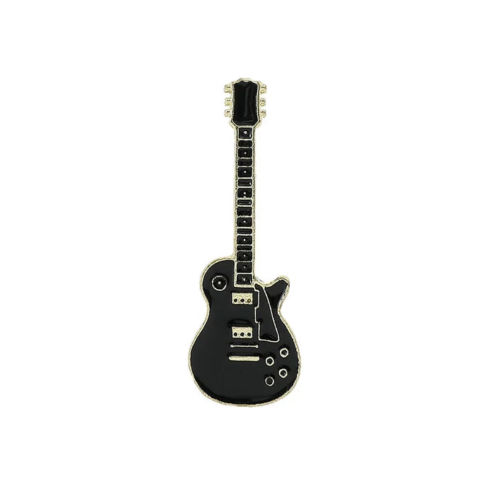 Black electric guitar-shaped lapel pin on a white background