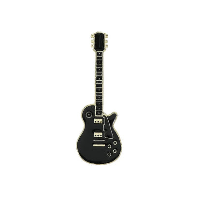 Black electric guitar-shaped lapel pin on a white background