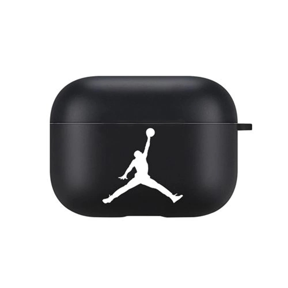 Black AirPods case with a white logo on a white background