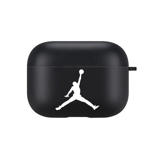 Black AirPods case with a white logo on a white background