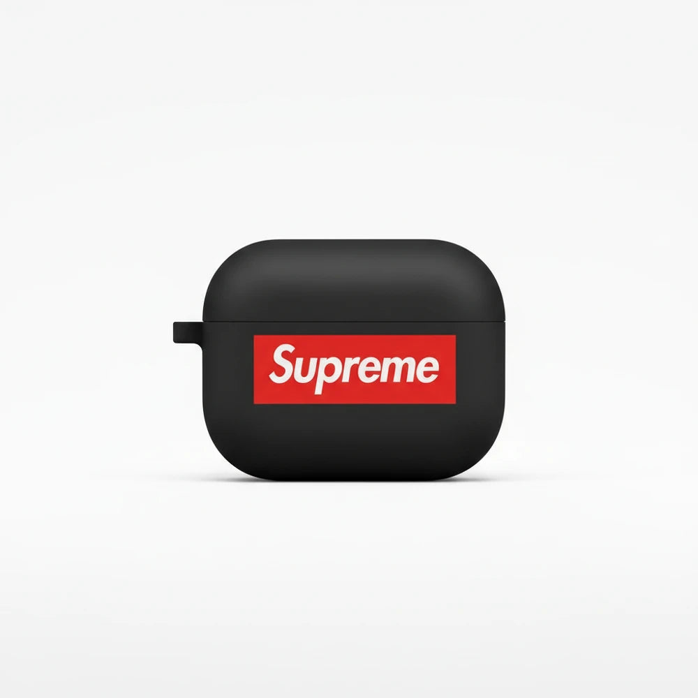 Black wireless earbuds case with a red 'Supreme' logo on a white background