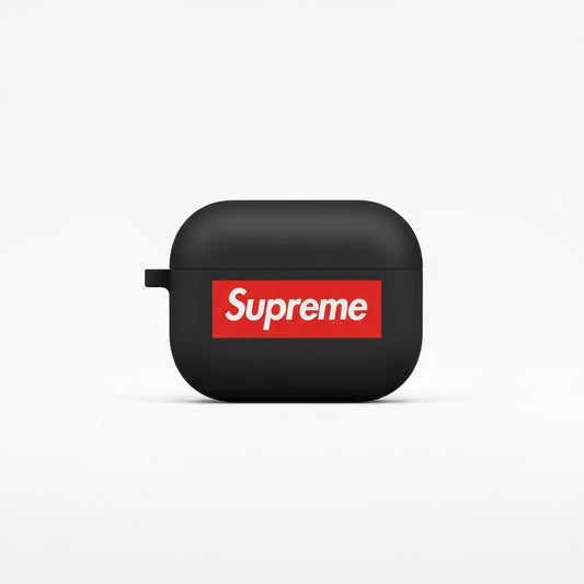 Black wireless earbuds case with a red 'Supreme' logo on a white background