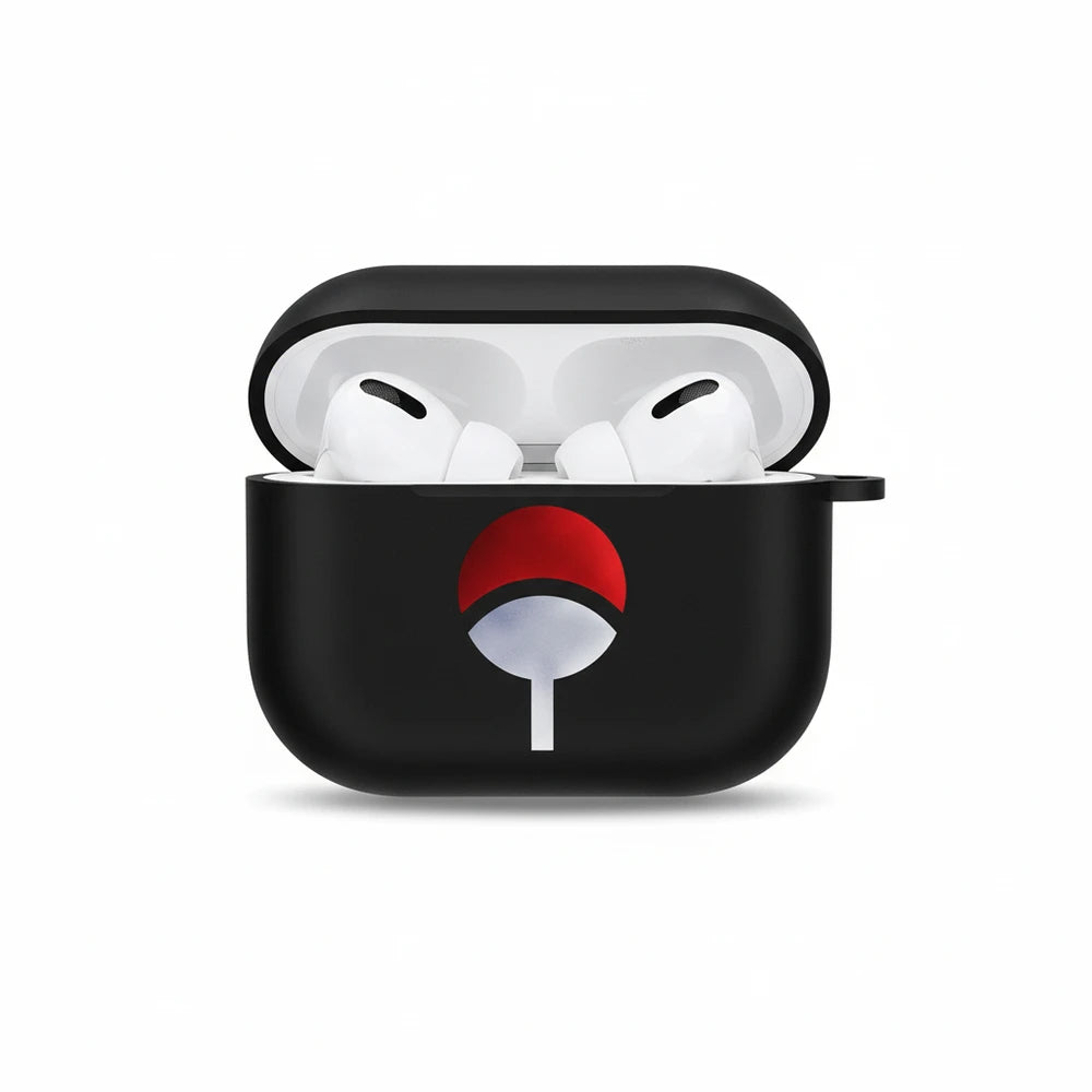 Black AirPods case with a red and white symbol on a white background