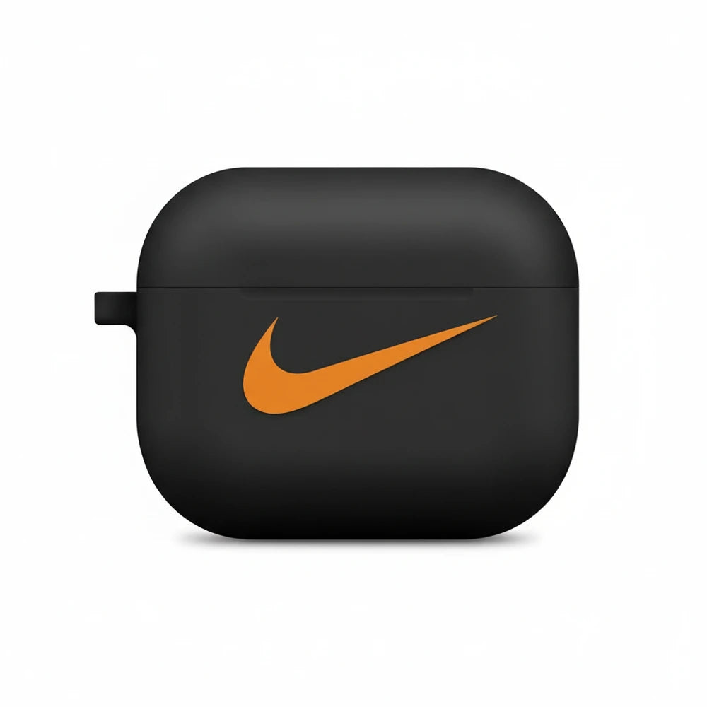 Black case with orange Nike logo on a white background