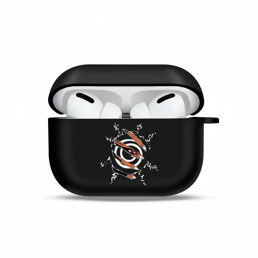 Black AirPods case with a design on a white background