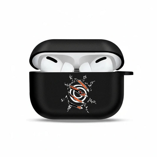 Black AirPods case with a design on a white background