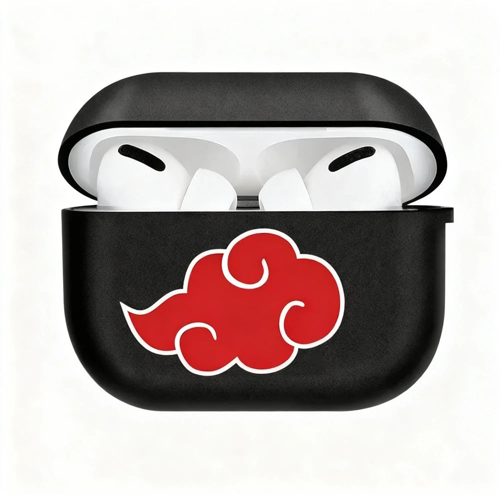 Black AirPods case with a red cloud symbol on a white background