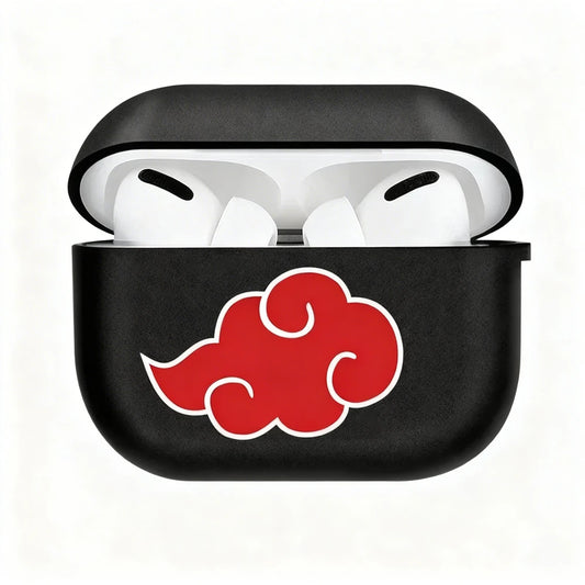 Black AirPods case with a red cloud symbol on a white background