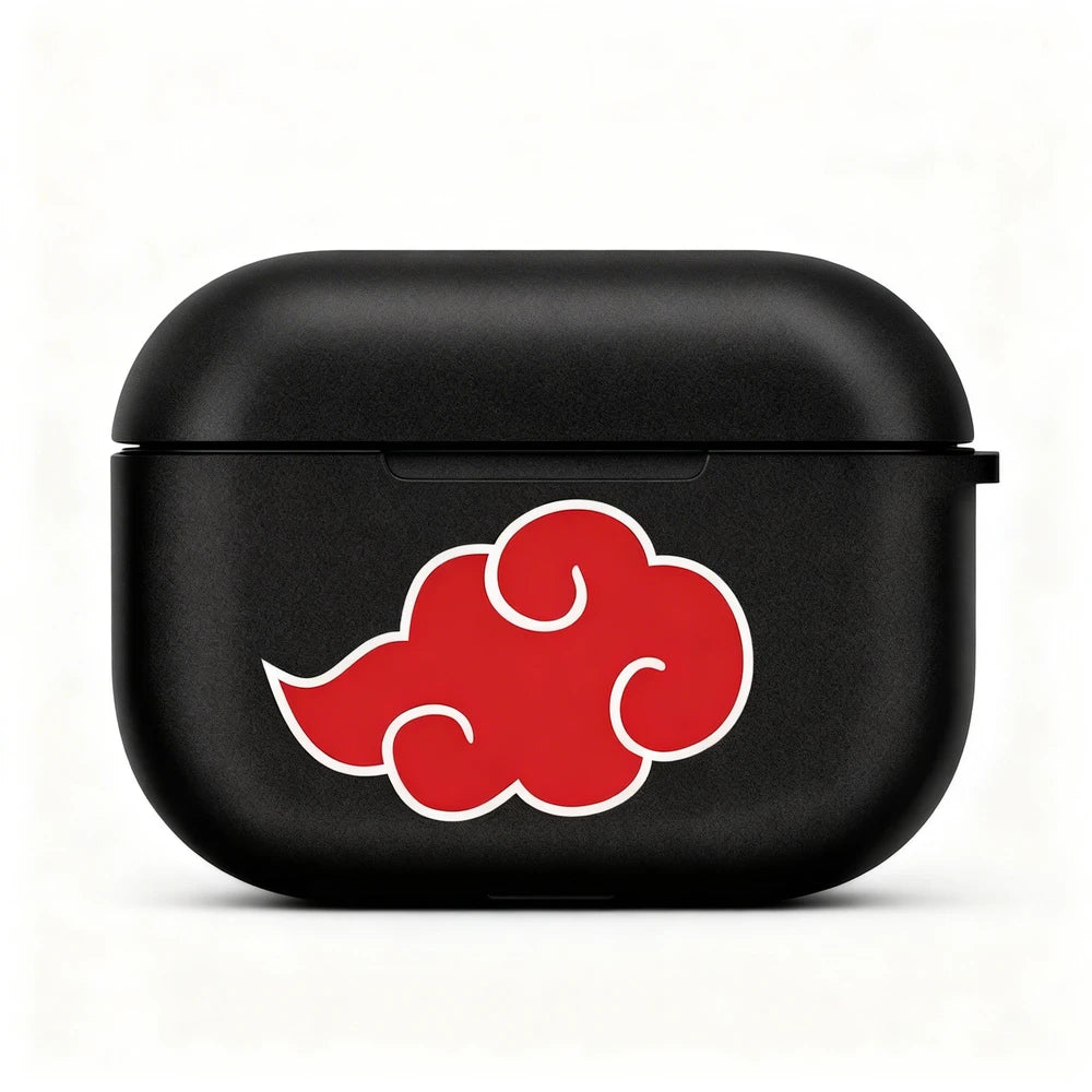 Black airpod case with a red cloud symbol on a white background