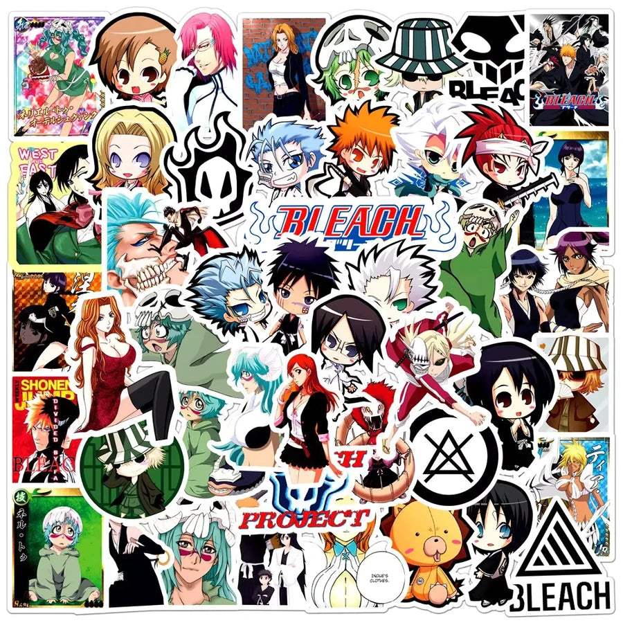 Collection of 'Bleach' anime stickers featuring various characters and logos.
