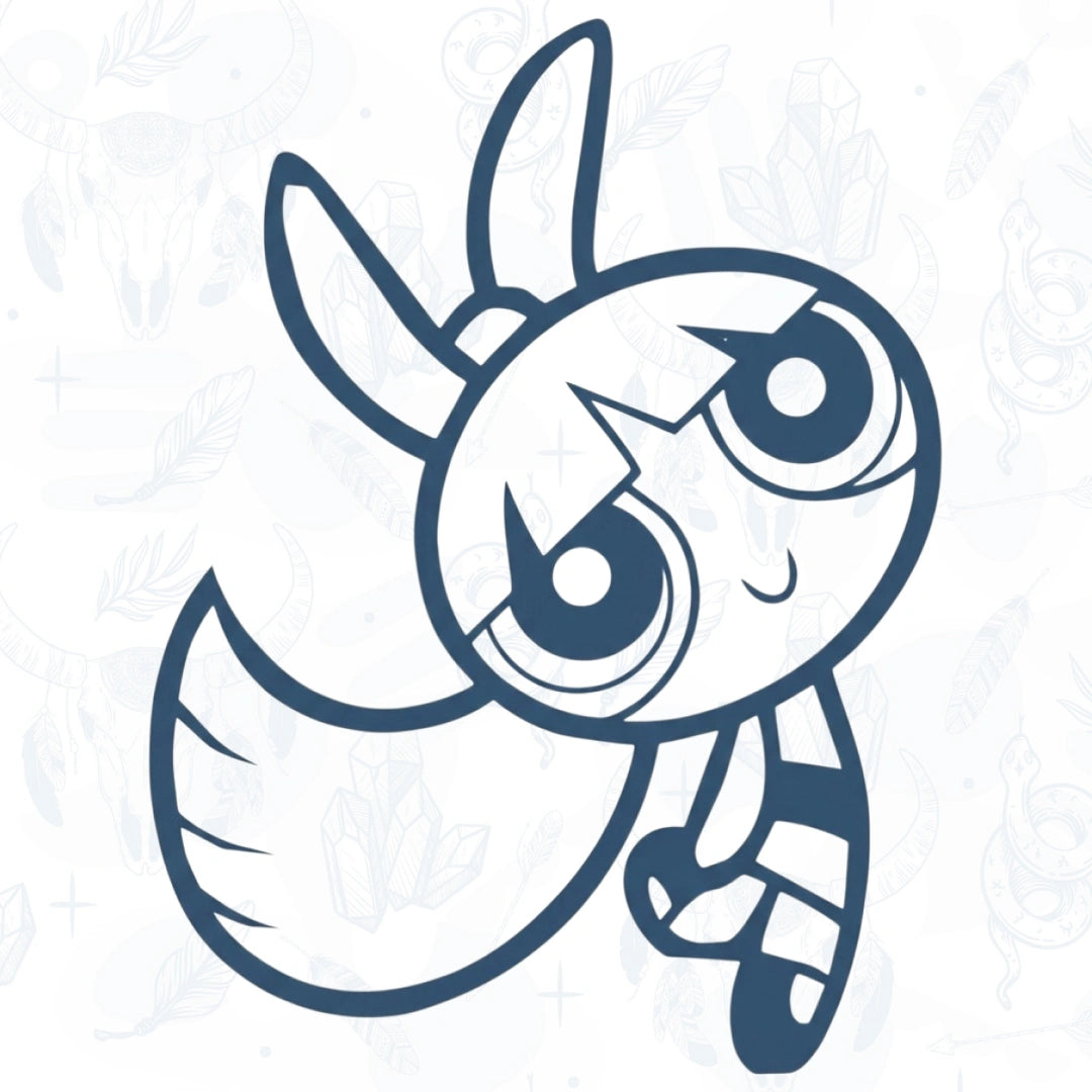 Cartoon character with large eyes and a star on a light blue background