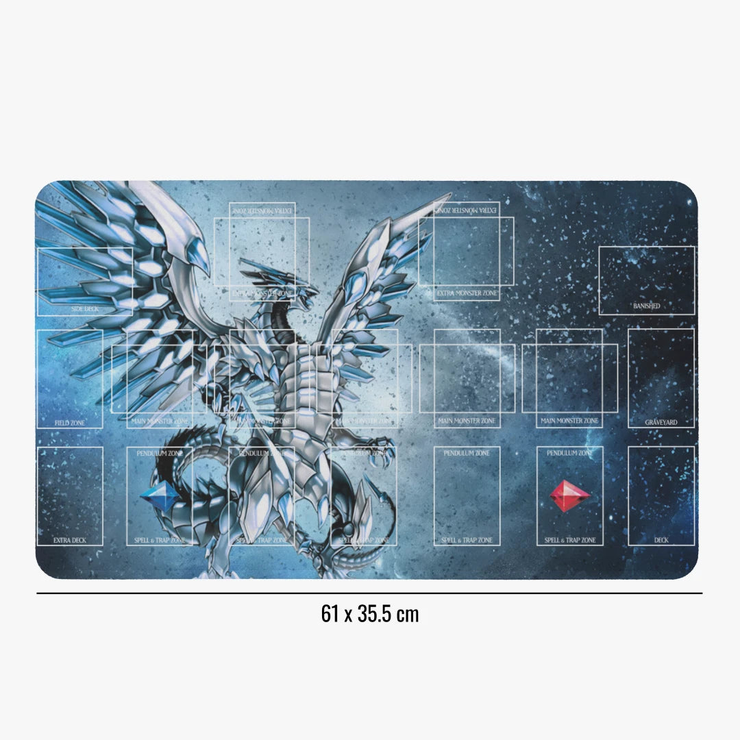 Dragon-themed playmat with detailed design on a blue background