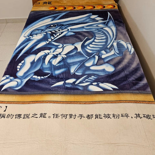 Dragon-themed rug with blue dragon design on a beige background