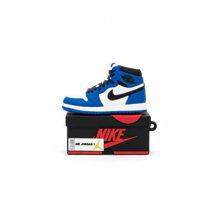 Blue and white sneaker on a black Nike box with red accents on a white background