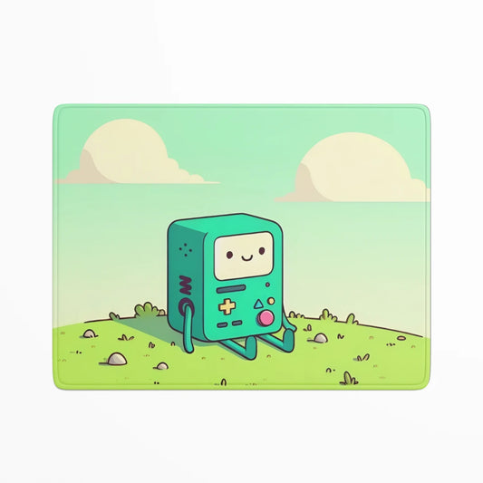 Cartoon character in a green device on a grassy field with clouds