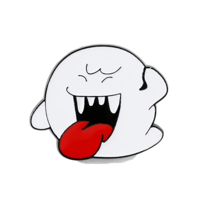 Cartoon ghost character with a red tongue on a white background