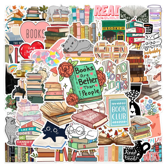 Collection of book-themed stickers with various book-related designs and text.