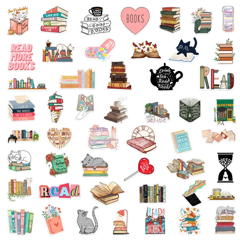 Collection of book-themed stickers on a white background